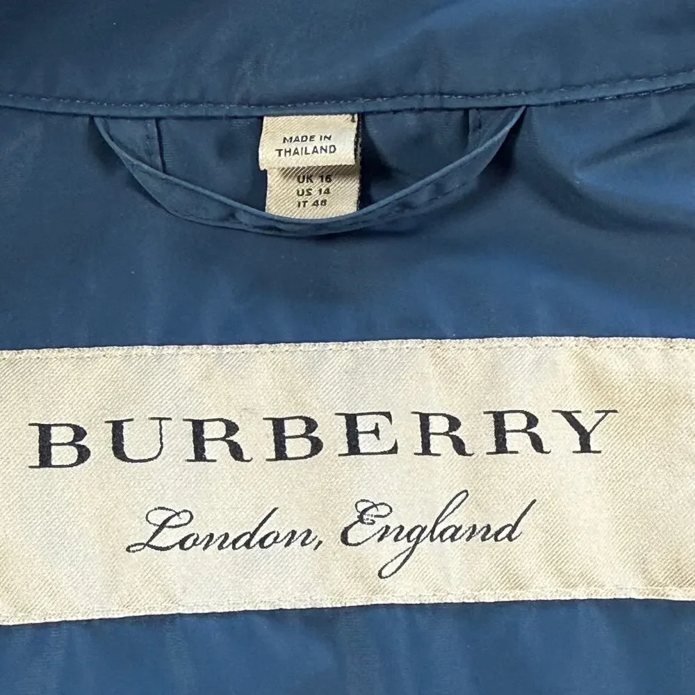 Burberry London Blue Trench Coat Women Hooded Belted Nova Check Lined Size 14 - Picture 5 of 16